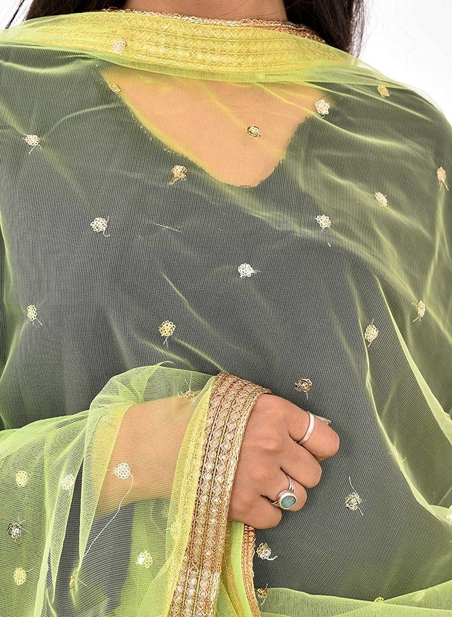 themilestocks TMS Woman's Embellished Net Dupatta Scarf Shawl Wrap Soft Indian Bridal Wedding (Yellow Green), 87 Inches X 44 Inches || 220 cm X 112cm - Image 2
